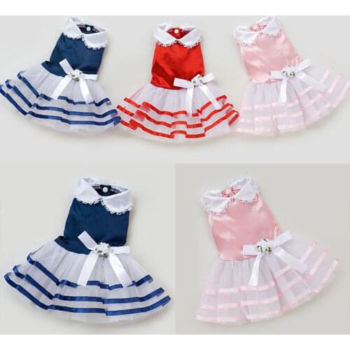 Small Dog Cat Dress Classic Stripes Lapel Pet Dress Cute Flower Bow Kitten Puppy Skirt Summer Mesh Dogs Clothes Pet Supplies