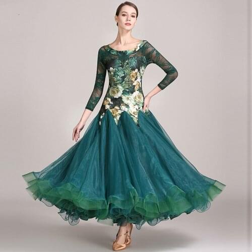 Modern Dance New Pattern Dress Ballroom Dancing Dress vivid mesg flower print top lace sleeve organza