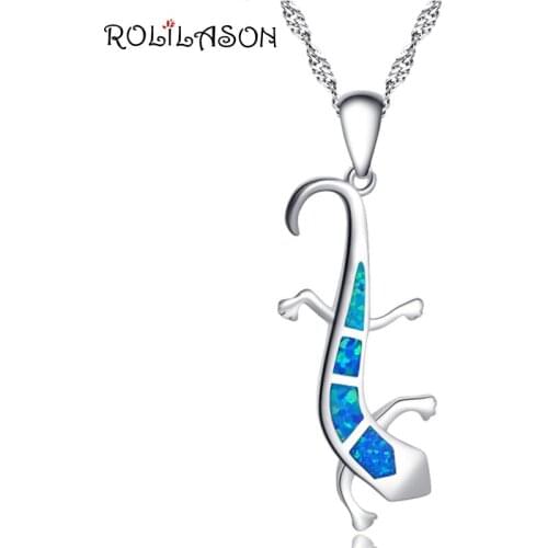 ROLILASON smart gecko Amazing Blue Fire Opal Silver Stamped 925 Necklace Pendants for Cute women men OP758