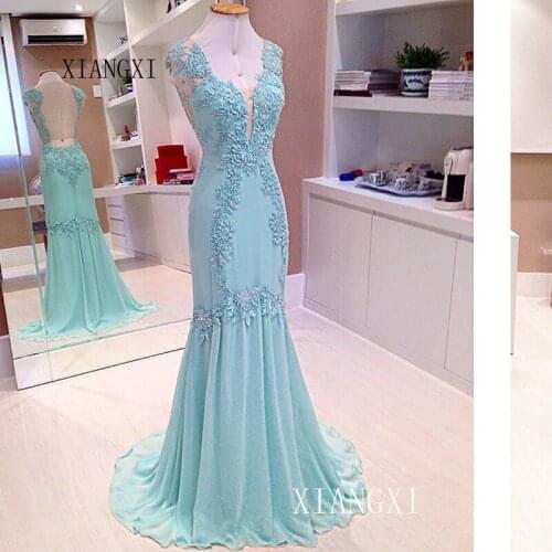 Mint Green Mermaid Evening Dress V-Neck Sleeveless Lace Appliques Floor Length Evening Dresses Long Formal Gowns