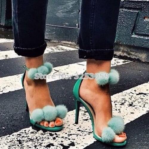 Turquoise Fur Decor Sandals Open Toe Ladies Pom Pom Gladiator Fur Sandal Sexy High Heels Ankle Strap Women Shoes Cute Pumps