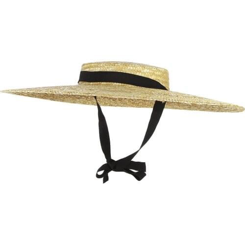 New Large Brim Straw Hat Summer Hats For Women Ribbon Beach Cap Boater Flat Top Sun Hat