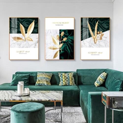 Tropical Plants Poster Golden Green Leaves Canvas Art Print Marble Modern Abstract Painting Wall Pictures Living Room Home Decor