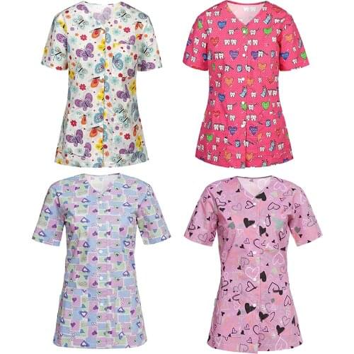 Uniformes de enfermera mujer Women Short Sleeve T-shirt V-neck Pocket Working Uniform Cartoon Printed Button Cardigan Blouse Top