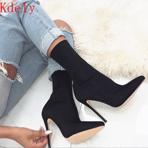 2020 New Arriva Stretch Fabric Women Ankle Boots Pointed Toe High Heels Slip-On Sexy Sock heels Chelsea Boots size35- 43