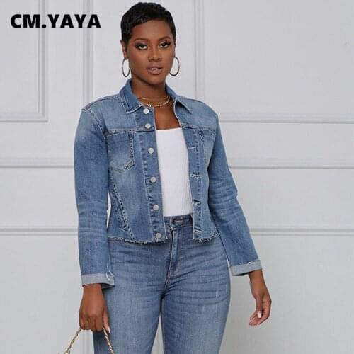 CM.YAYA Women Denim Coats Solid Straight Short Jackes for Female Fashion High Streetwera Casual Coat Tops Autumn Outerwear 2021