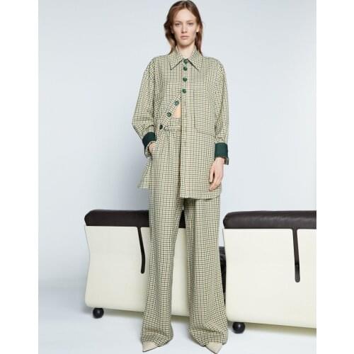 Womens green plaid coat loose long sleeve pocket 2021 spring and autumn Za fashion coat + paper bag Waist Wide Leg Pants Set