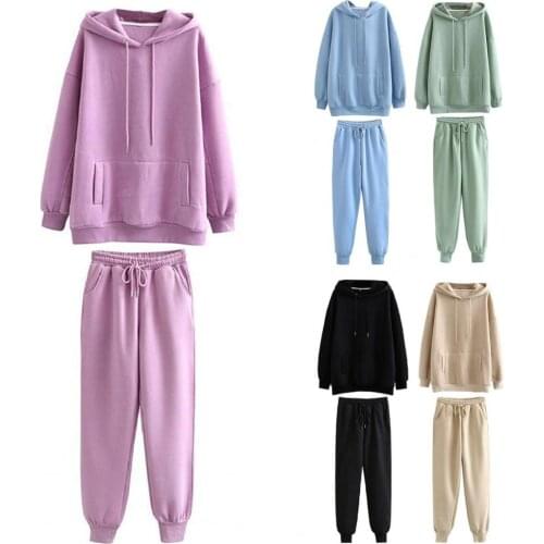 Women Sports Hooded Two Piece Sets Fashion Drawstring Long Sleeve Sweatshirt Pockets Elastic Waist Pants Set Street Sportwear