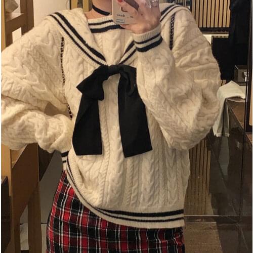 New style 100 day campus retro loose wear black and white navy collar sweater women