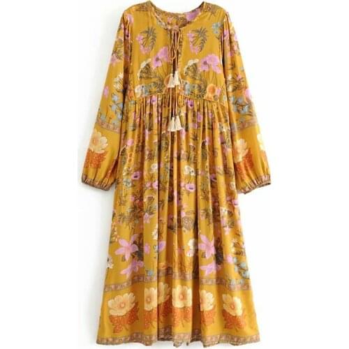 Happie Queens fashion bohemian women floral print flare sleeve midi dresses ladies ruffles cotton pleated boho dress vestidos