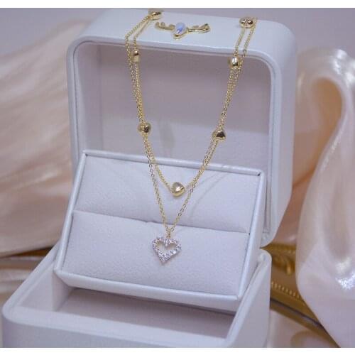 14k Real Gold Double layer Heart Necklace Shining Bling AAA Zircon Women Clavicle Chain Charm Bride Wedding Jewelry
