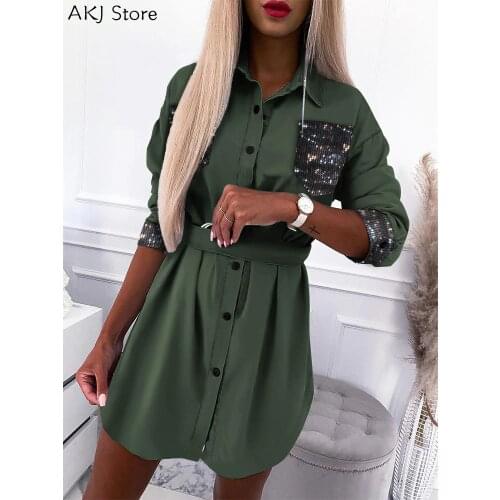 Women Elegant Long Sleeves Sequins Button Design Long Sleeve Shirt Dress