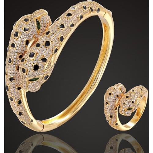 Zlxgirl jet Enamel leopard Animal bangle with ring jewelry sets cubic zircon wedding bangle & bracelet bridal love couple joias