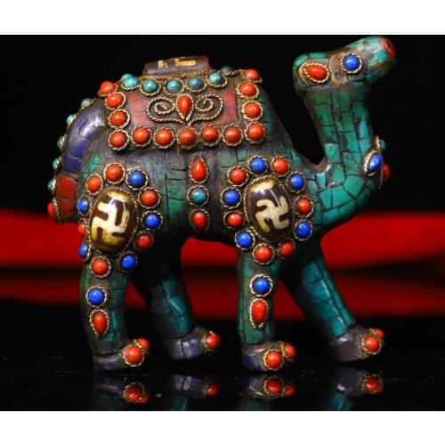 4"Tibet temple Old Bronze Filigree mosaic Gem Dzi Bead Camel statue Desert camel Town House Exorcism Ward off evil spirits