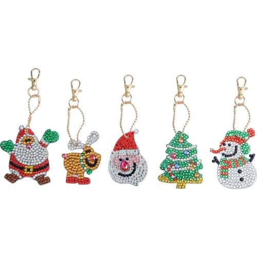 5Pcs Christmas DIY Diamond Painting Keychain Cross Stitch Keyrings On The Bag With Diamonds Santa Claus Deer Snowman