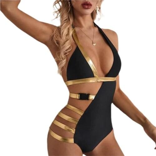Hirigin New Summer Women Sexy Backless Hollow Waist Belt Swimwear, Deep V-Neck Hollow Out Patchwork Sleeveless Beachwear
