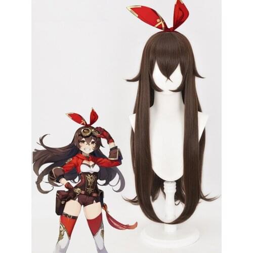 Game Genshin Impact Amber Cosplay Wig+Free Wigs Cap Dark Brown Long Hair Costume Amber Headgear Halloween Party Accessories
