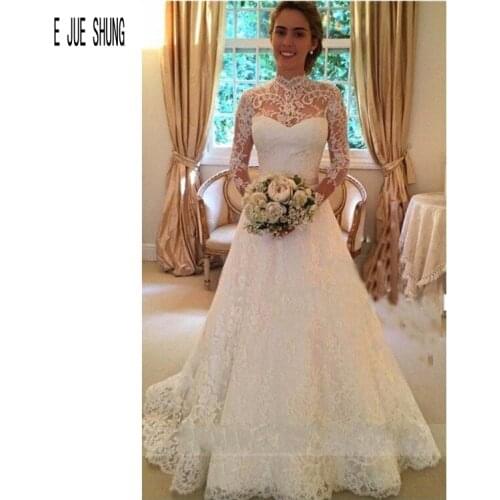 E JUE SHUNG Glamorou Lace Wedding Dresses High Neck Hollow Back With Bow Bridal Dress Sheer Long Sleeves Wedding Gowns
