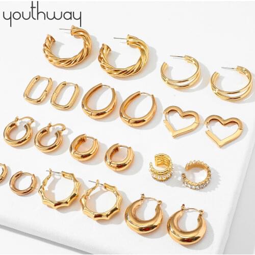 Trendy Simple Plain Gold Color Brass Hoop Earrings Small Big Circle Hoops CC Huggie Chunky Statement Earrings Punk Metal Jewelry