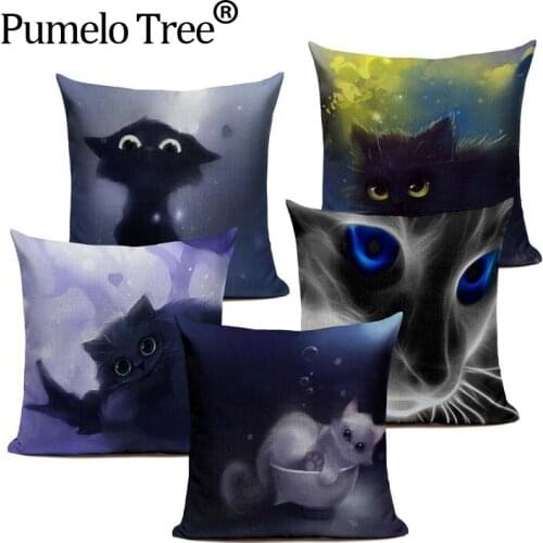 Cute Black Cat Decorative Cushion Cover 45x45CM Cotton Linen Square Throw Pillow Cover Animal Cushion Decorative Pillow Cace