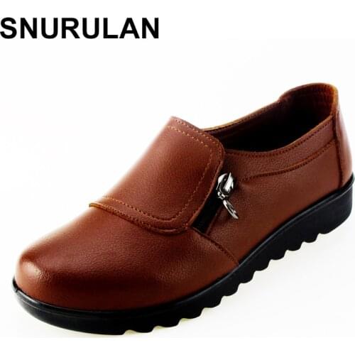 SNURULAN New Autumn Womens Shoes Fashion Casual Women Leather Shoes Ladies Slip On Comfortable Work shoes free shipping