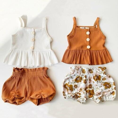 Wholesale Summer Fashion Kid Baby Girls Clothes Sets Knitted Sleeveless Floral Tank Tops Shorts 2PCS Outfit Sets 1-5Y