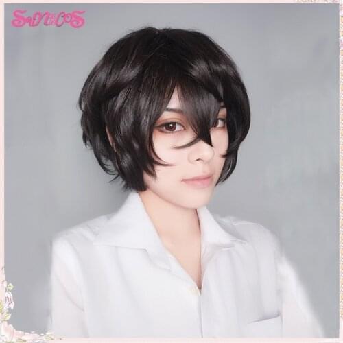 Bungo Stray Dogs Dazai Osamu Cosplay wigs Short Black Brown Man daily wigs Heat Resistant Synthetic Wigs Halloween Free Wig Cap