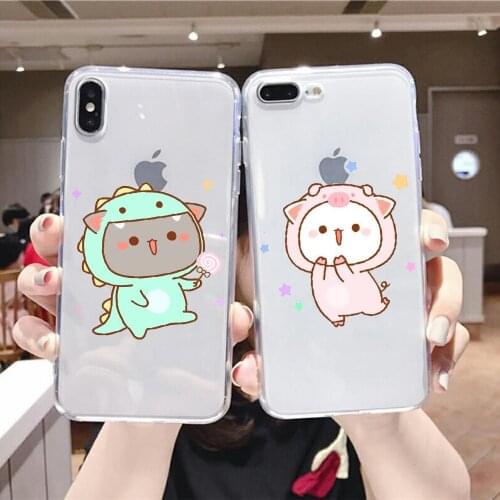 Lovers Peach Cat Cute Phone Case For iphone 5 5s se 2 6 6s 7 8 12 mini plus X XS XR 11 PRO MAX transparent painting back art