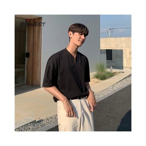Loose Solid Summer Tops Men Korean V-neck Short-sleeved T-shirt Boy Harajuku Slim New Mens Black Tees 2020