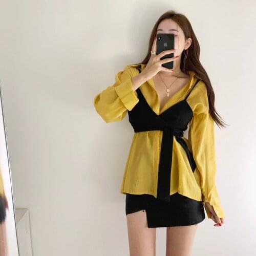 Spot South Korea chic cultivate ones morality to collect waist wrapped chest pure color restoring ancient ways brim long sleeve