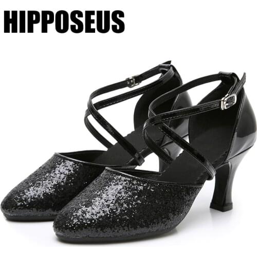 Hipposeus Latin Dance Shoes For Women Ladies Girls Ballroom Modern Dancing shoes Sequins 3.5/5.5CM Salsa Sandals Dropshipping