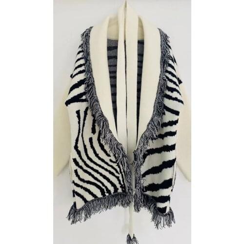 Spring high quality womens zebra-stripe cashmere cardigans elegant wool belt tassels kniited overcoat women sweatercoat C842