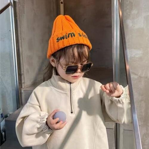 Knitted Children Hat Girl and Boy Winter Autumn Spring Woolen Yarn Warm Soft Embroidered Letter Fashion Candy Color Blue Black