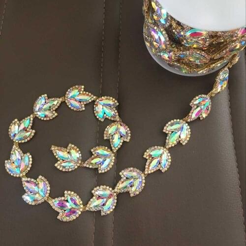 Top-Grade Crystal AB Shine Rhinestone Cup Chain Gold Base Leaf Shape Sew on Rhinestone Dress Scarf Hat Bags Decoration