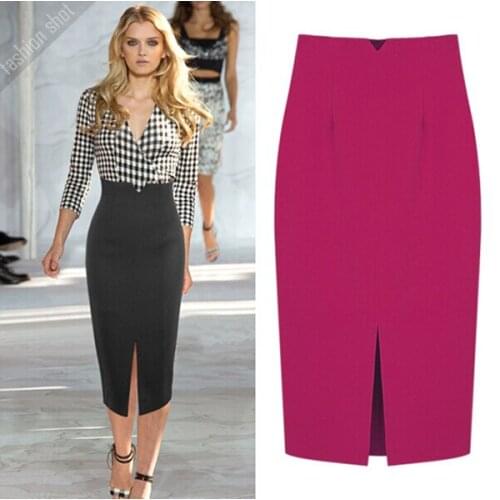 2015 Spring Summer Women Plus Size XXS-6XL Black Pencil Skirt Ladies High Waist Bodycon Sexy Slit Black Office Work Midi Skirts