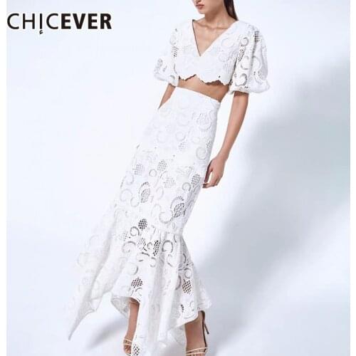 CHICEVER Solid Two Piece Set Women V Neck Lantern Sleeve Short Tops High Waist Lace Trim Midi Skirts Casual Skirt Suits Females