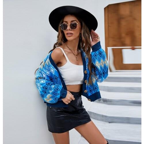 Women Casual Blue Geometric Knitted Sweater Long Sleeve Sexy V neck High Street Cardigan 2021 Winter Fashion Outwear Cardigan