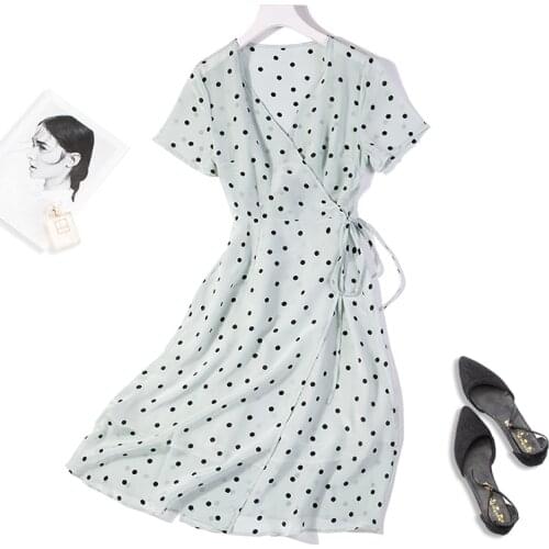 Womens 100% Pure Silk Cap Sleeve Two Layers Green Dots Long Wrap Dress M L XL JN475