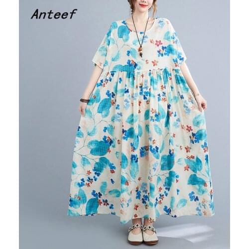 Short sleeve cotton vintage floral dresses for women casual loose long woman summer dress elegant clothes 2021