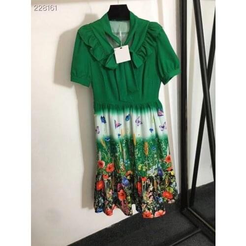 2021 Autumn Midi Dress Women Runway Bow Collar Short Sleeves Floral Print Empire Hot Sale Green Party Dress