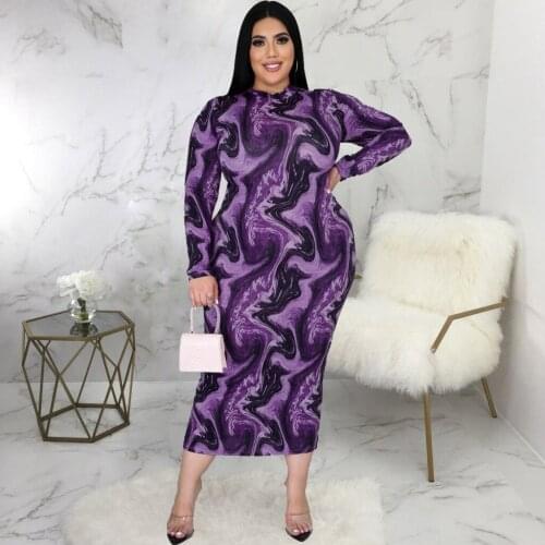 XL-5XL Large Size Aesthetic Art Print Sheath Dress Women O-neck Long Sleeve Package Hip Dress Elegant Female Body-shaping Dress