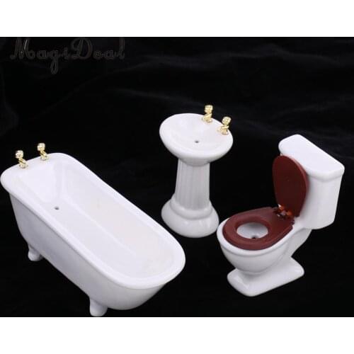 3Pcs/Set 1/12 Scale Modern White Ceramic Bathroom Bathtub Toilet Set for Dollhouse Miniature Furniture Acc Decoration