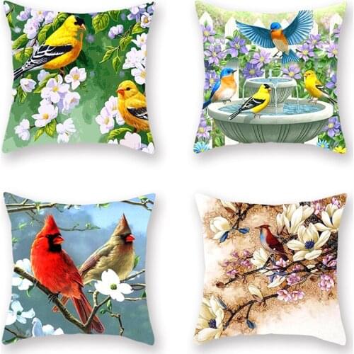 4pcs/set Polyester Cushion Cover Flowers Birds Parrot Pattern Decorative Pillow Covers Car Sofa Office Seat Decor Cases 45x45cm