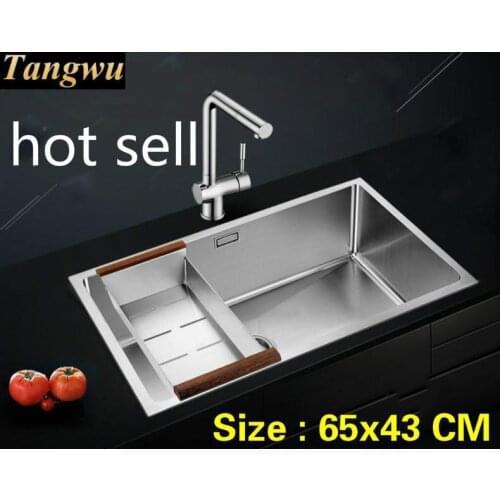 Free shipping Household standard kitchen manual sink single trough durable 304 stainless steel hot sell 65x43 CM