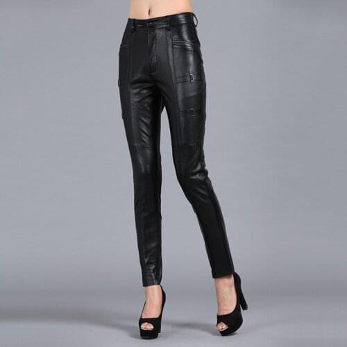 Black Office Lady Genuine Women Skinny Trousers Slim Full Length Real Leather Pencil Pants Plus Size 5XL Female