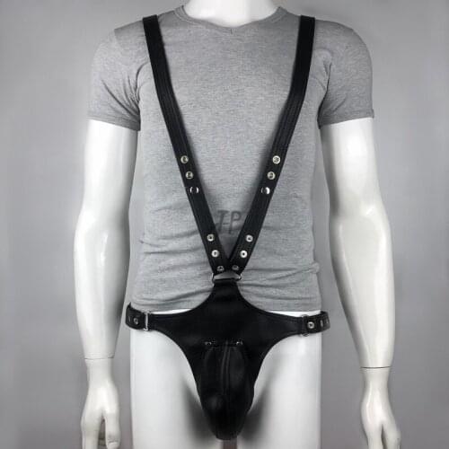 Hot Erotic Underwear BDSM Fetish Costume Men Gay Leather Harness Body Bondage Belt Strap Punk Rave Cock Cage Chastity Panties