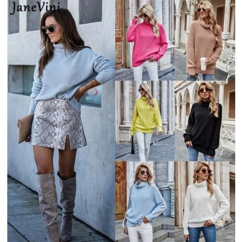 JaneVini Autumn Winter Turtleneck Knitted Sweaters Fashion Ladies Long Sleeve Loose Womens Sweater High Street Pullovers
