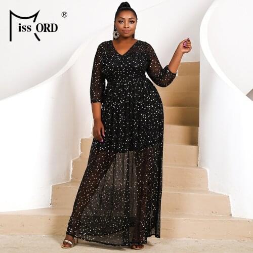 Missord 2021 Women Plus Size Dresses Maxi Sequins Dot Sexy Evening V Neck Prom Party Vestidos Elegant Black See Though 2XL 3XL