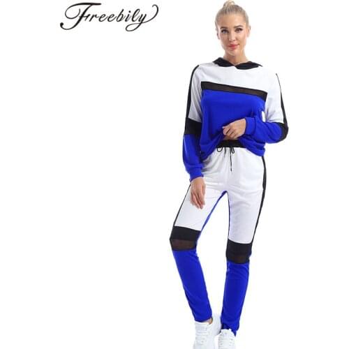 Fashion Women Casual Tracksuit Two Piece Running Set Yoga Workout Outfit Sportswear Gym Sports Patchwork Hoodie Sweatshirt+Pants