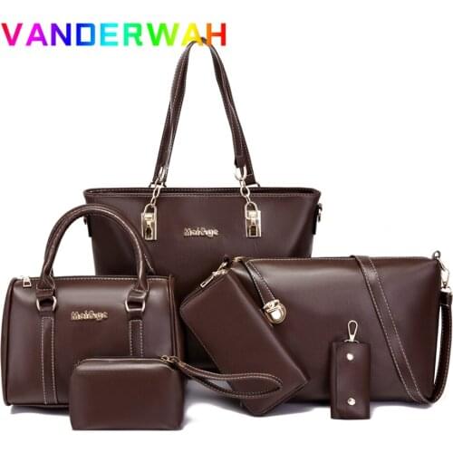 6 Piece Sets Vintage Large Capatity Tote Shoulder Bags High Quality PU Leather Handbag and Purse Small Crossbody Mini Coin Sac